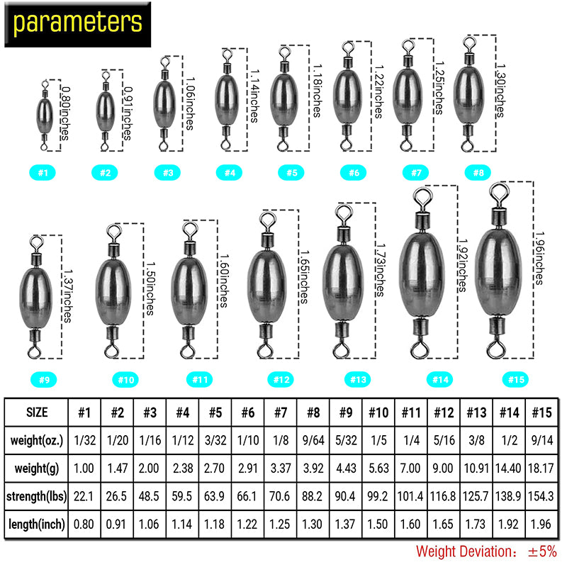 AMYSPORTS 10-20pcs/pack Saltwater Fishing Sinker with Swivel Rolling