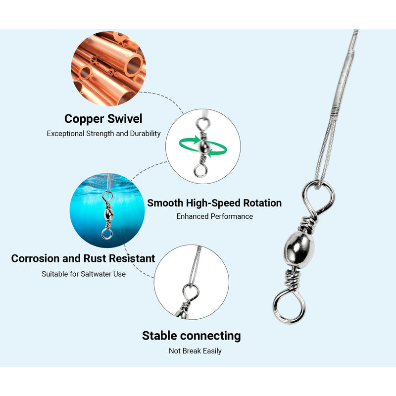 AMYSPORTS 30-50pcs/Pack Heavy Duty Stainless Wire Fishing Leaders Barrel Swivel White Nickel