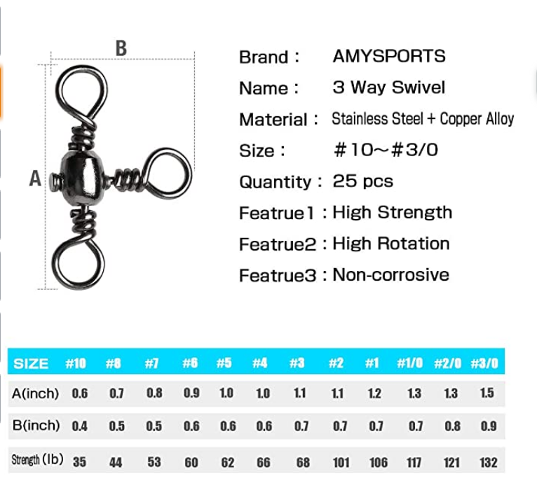 AMYSPORTS 25pcs/Pack Fishing Barrel Swivels 3 Way T Turn (Black)